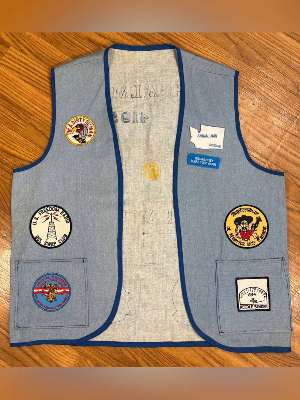 Vintage 70s Patch Denim Vest Signalman Spokane WA Biker Americana Rare